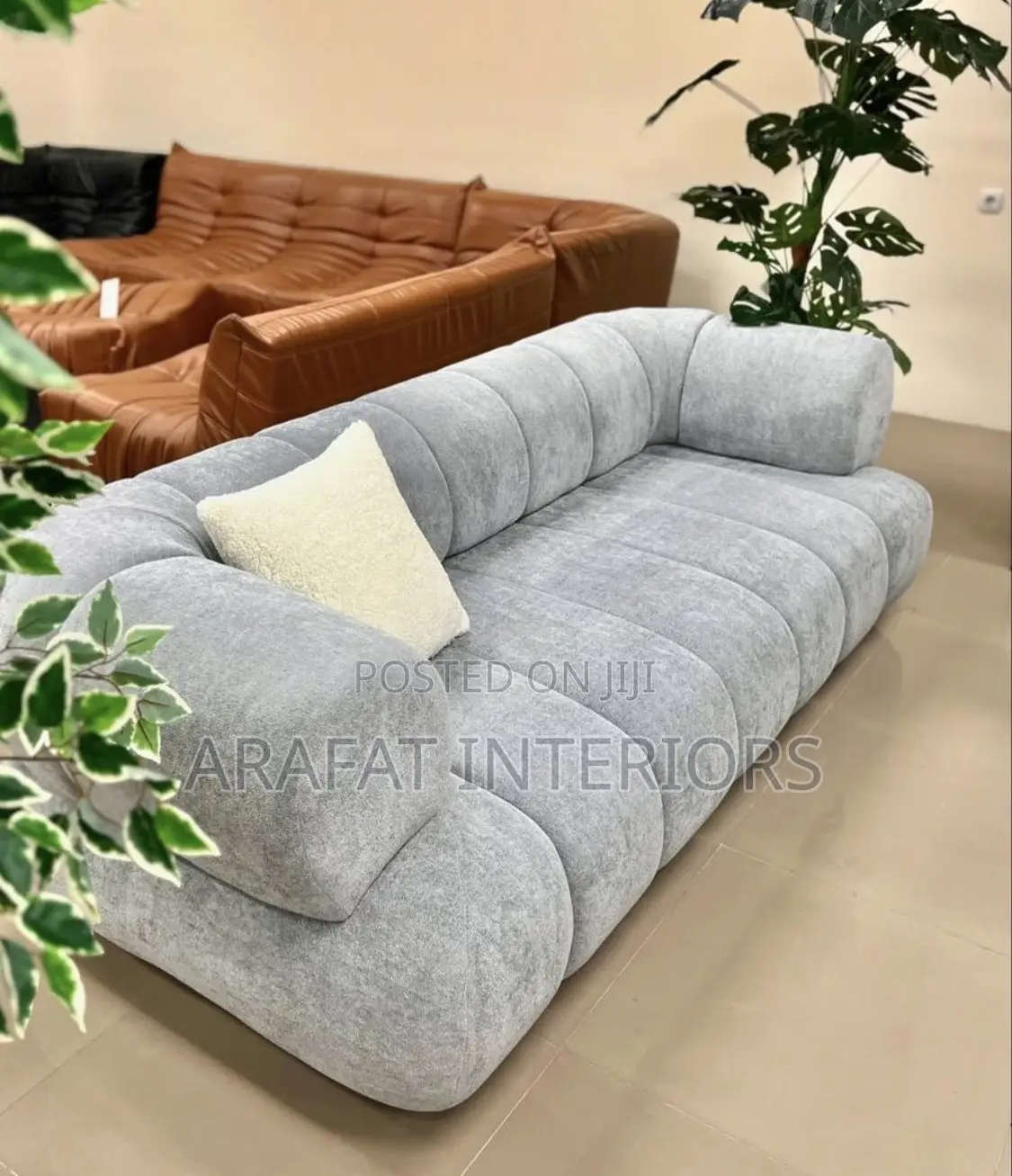  Brand New Modern Grey Curved Bouclé Sofa 