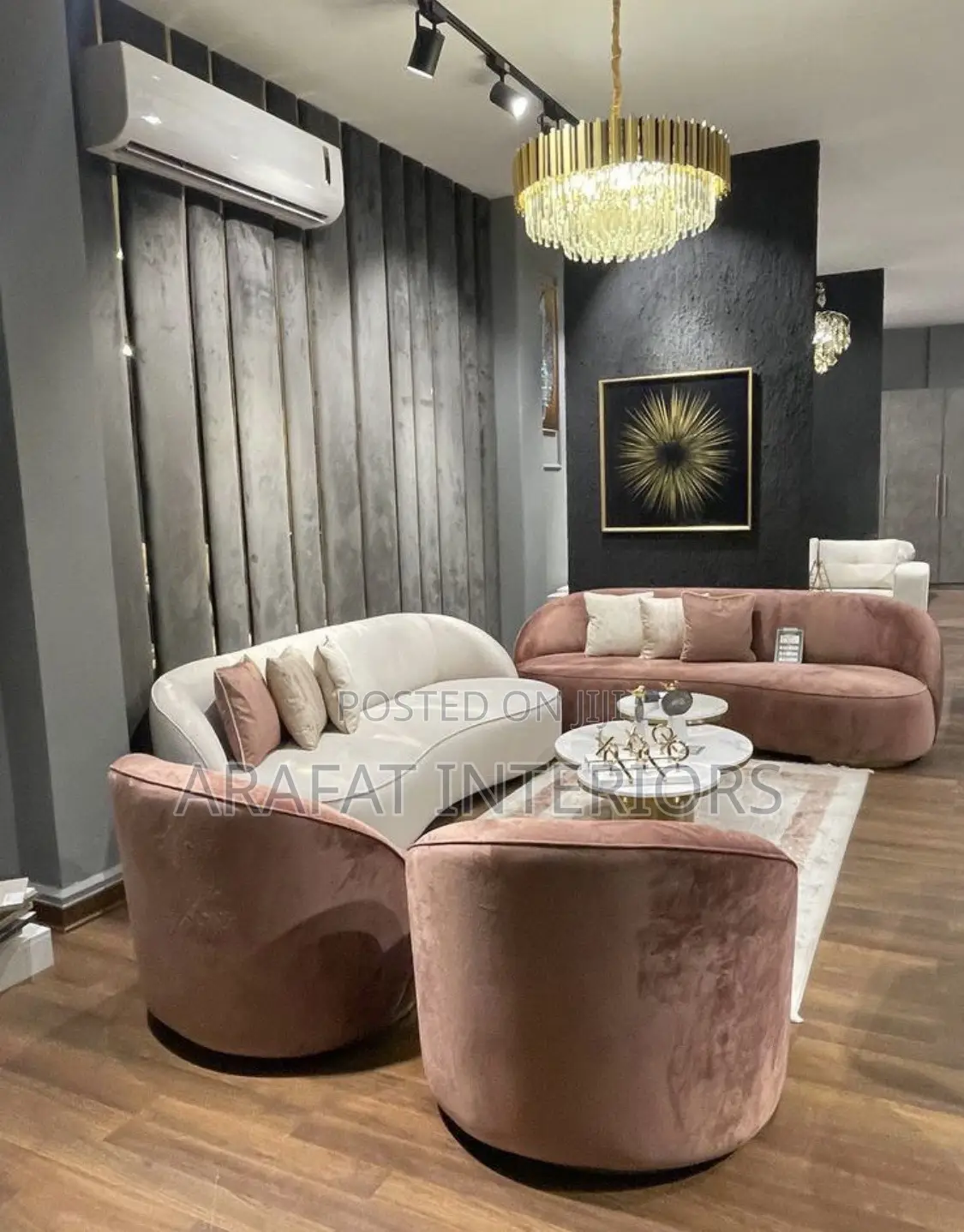Luxury Blush Pink Cream Curved Velvet Sofa Set 