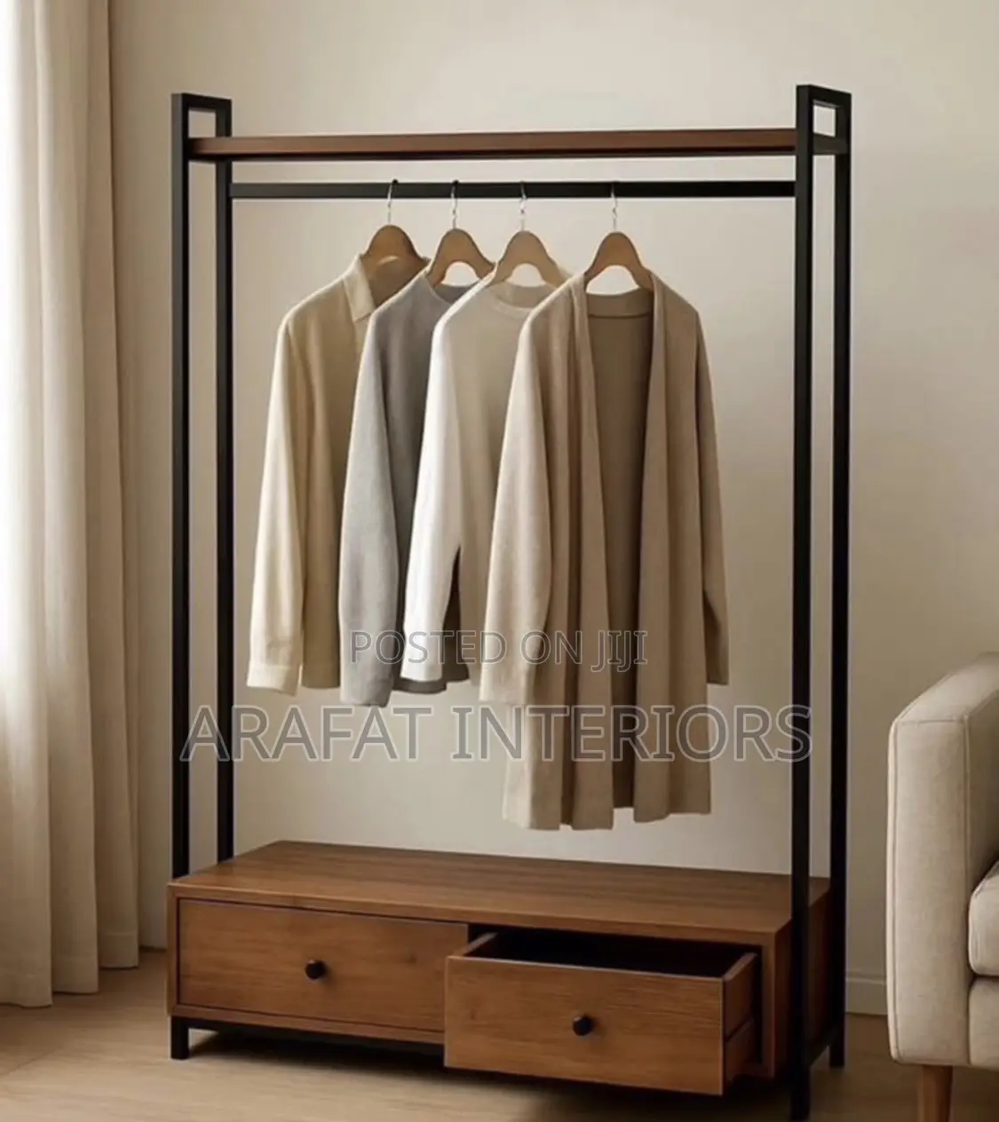 Modern Garment Rack With Wooden Top Rail and Matching Storage