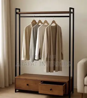 Modern Garment Rack With Wooden Top Rail and Matching Storage