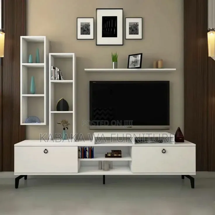 Modern Champagne-Toned/ and White/ Floor-Mounted Tv Unit/ Design With/