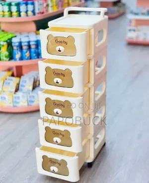 Beige Plastic Storage Chest Features Five Drawers