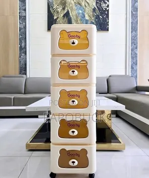 Beige Plastic Storage Chest Features Five Drawers