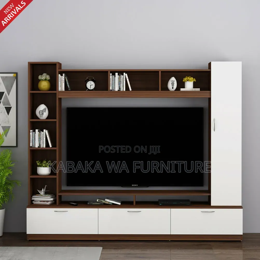/Tall Tv Unit Design in/ Teak Finish/ With Open and /Closed Storage
/