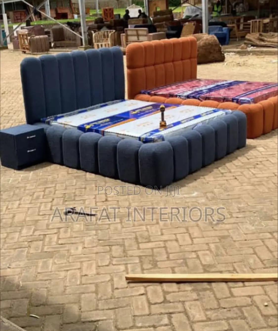 Brand New Modular Tufted Bed – Navy Blue + Orange