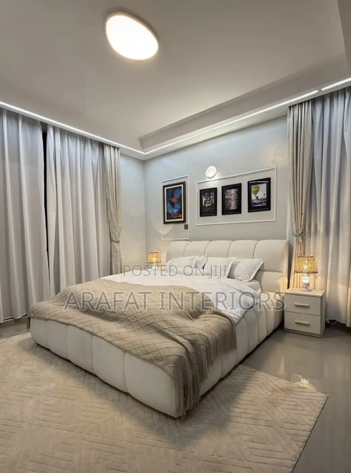 Beautiful Modern Upholstered Bed in Clean White/Cream Fabric