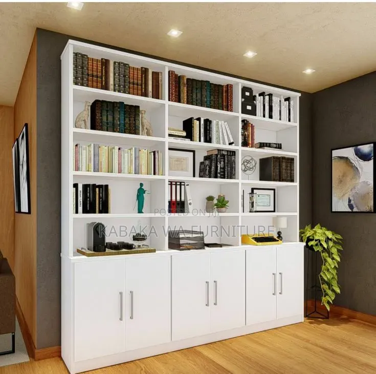 63" Modern /White 5-Tier Bookcase W/ Doors /Cabinetsbook Shelf Book/