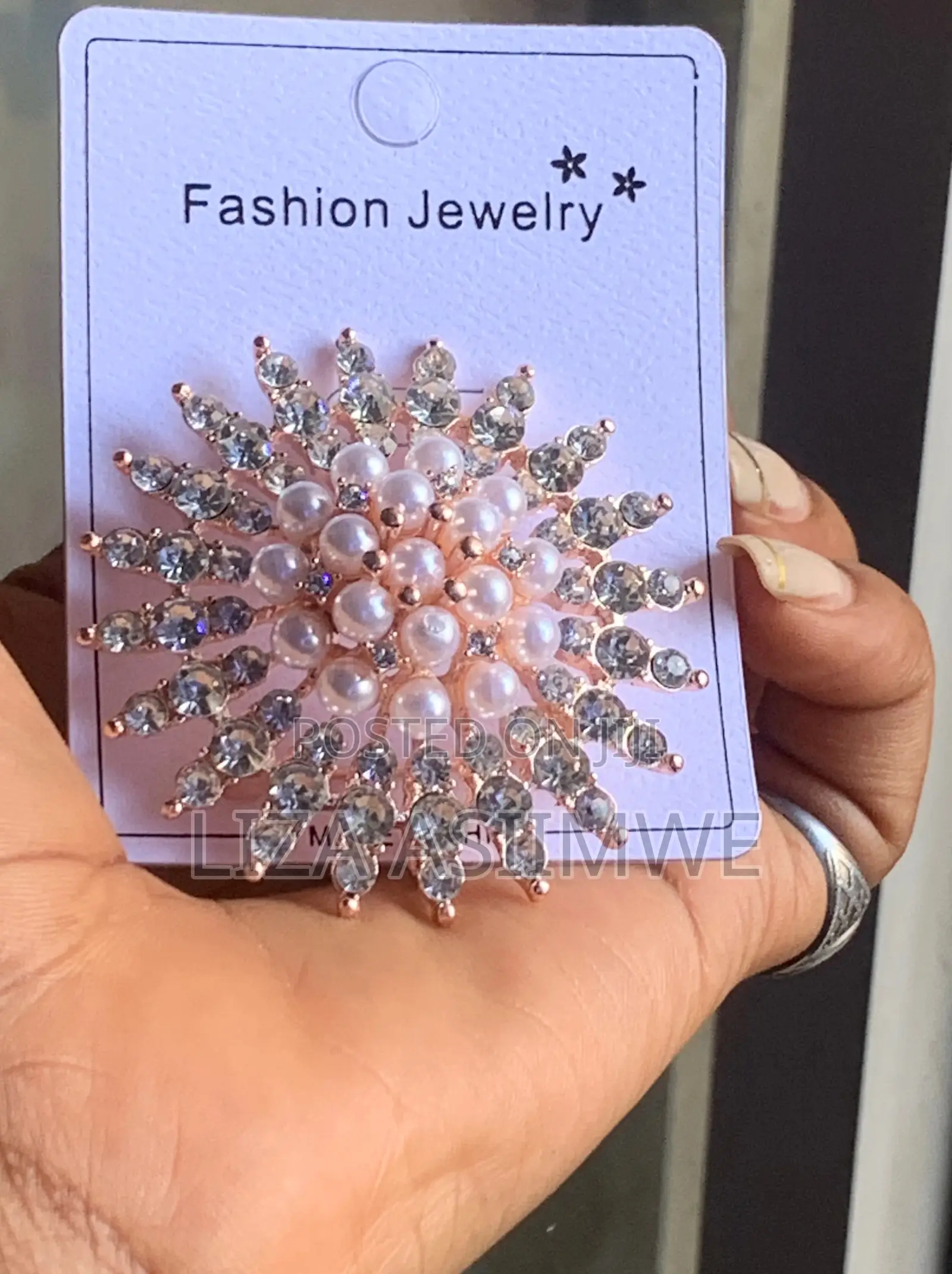 Rofarso Brooch Accented With Sparkling Crystals and Imitation Pearls.