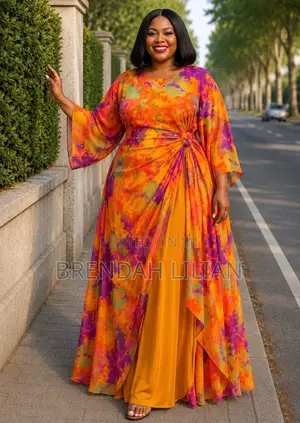 Tie Dye Maxi Dress Twist Waist Orange Purple Bell Sleeves Plus Size