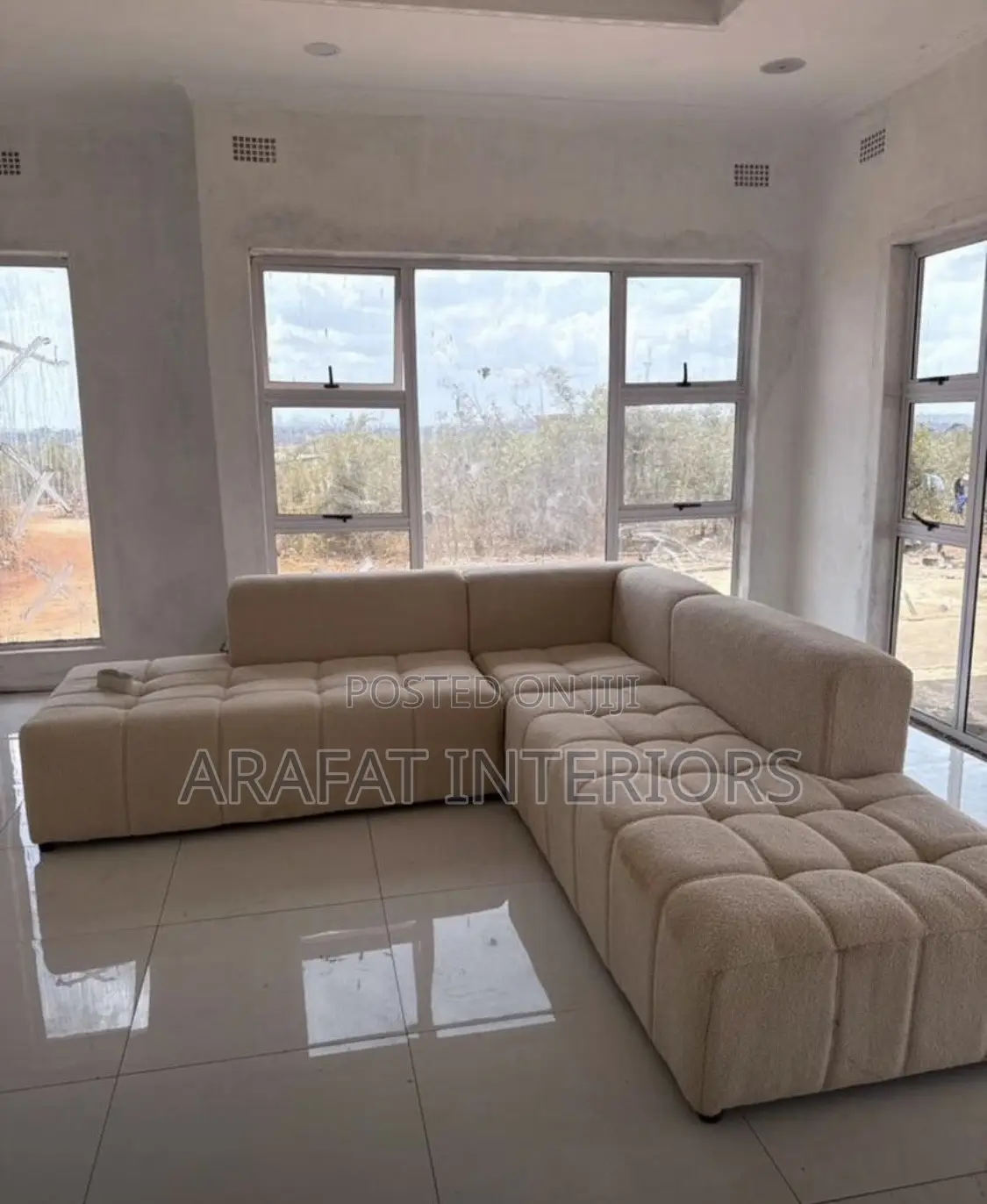 Large Beige Boucle Modular Sectional Sofa - L-Shaped / U-Shaped -