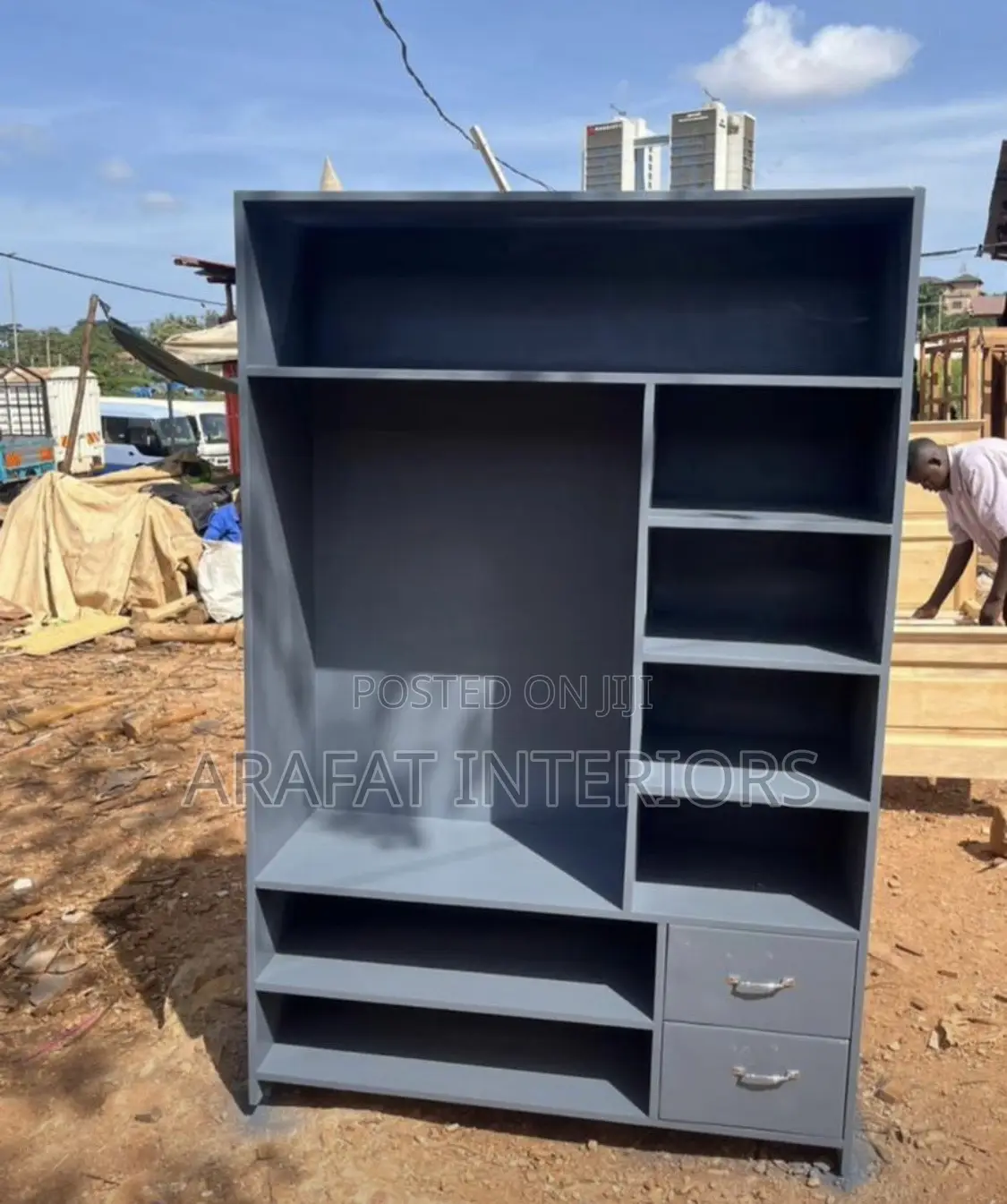 Tall Grey Storage Unit / Tv Entertainment Center, Shelves Drawers