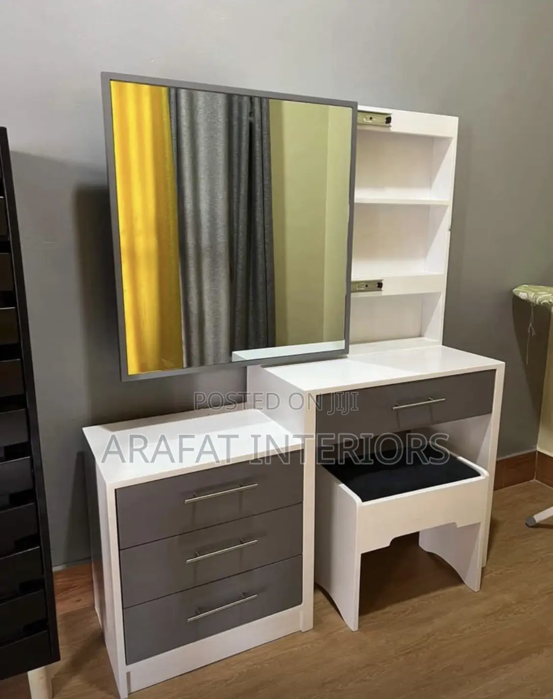 Modern White Grey Dressing Table With Mirror Stool