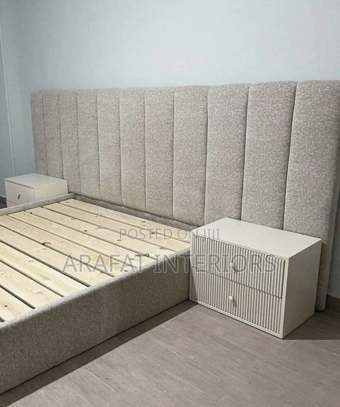 Modern Beige Upholstered Bed With Tall Tufted Headboard Nightstand