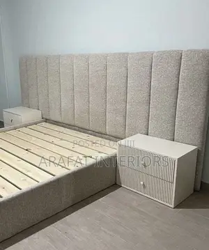 Modern Beige Upholstered Bed With Tall Tufted Headboard Nightstand