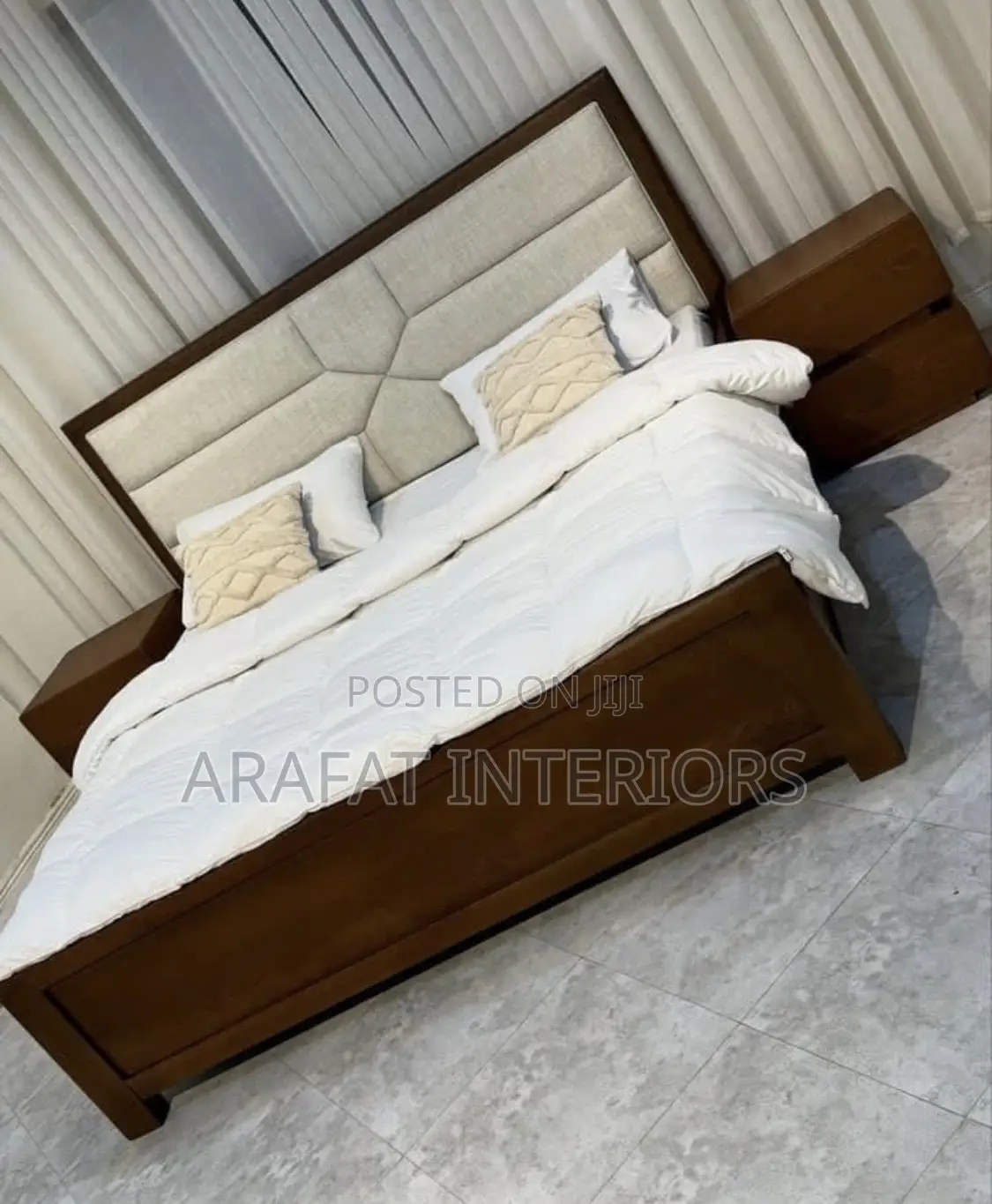 Luxury Modern Brown Wood Bed With Beige Tufted Headboard – Queen/King