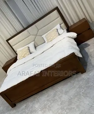 Luxury Modern Brown Wood Bed With Beige Tufted Headboard – Queen/King