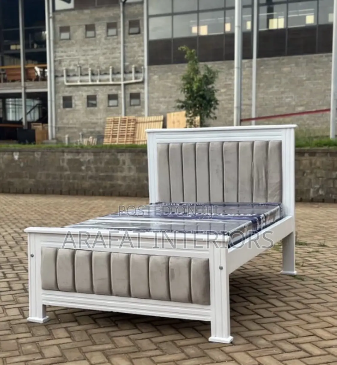 4by6 White Gray Velvet Channel Tufted Bed