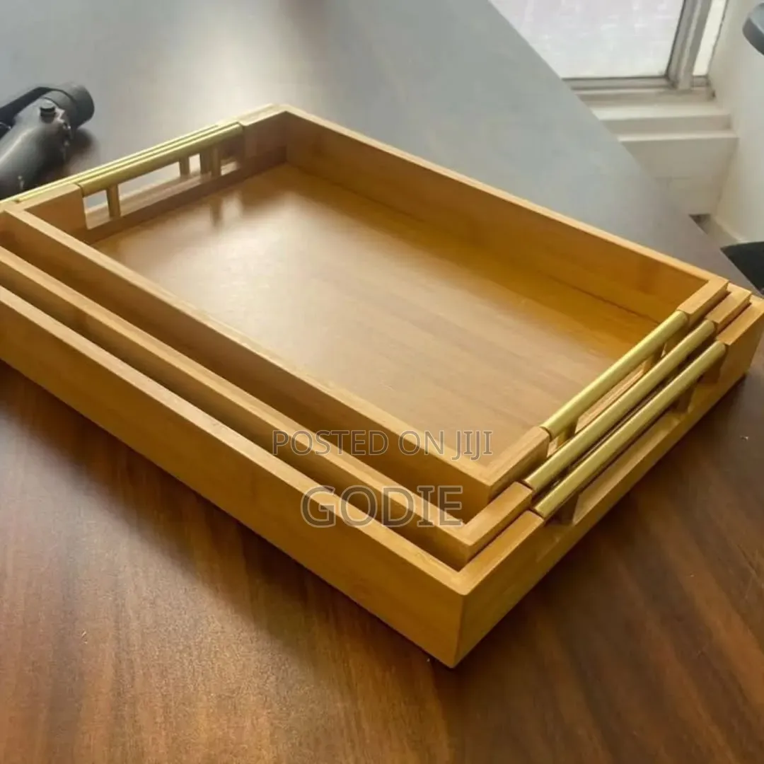 3-Piece Bamboo Serving Trays Featuring Gold-Toned Metal Handles.