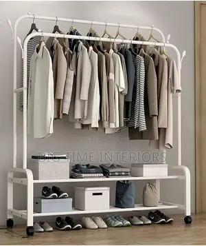 White Double Pole Clothes Rack for Bedroom and Balcony Use