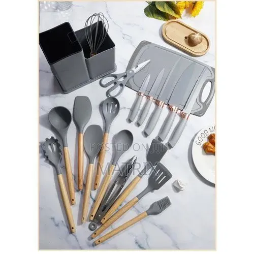 Silicone Kitchen Utensil and Knife Set With Wooden Handles