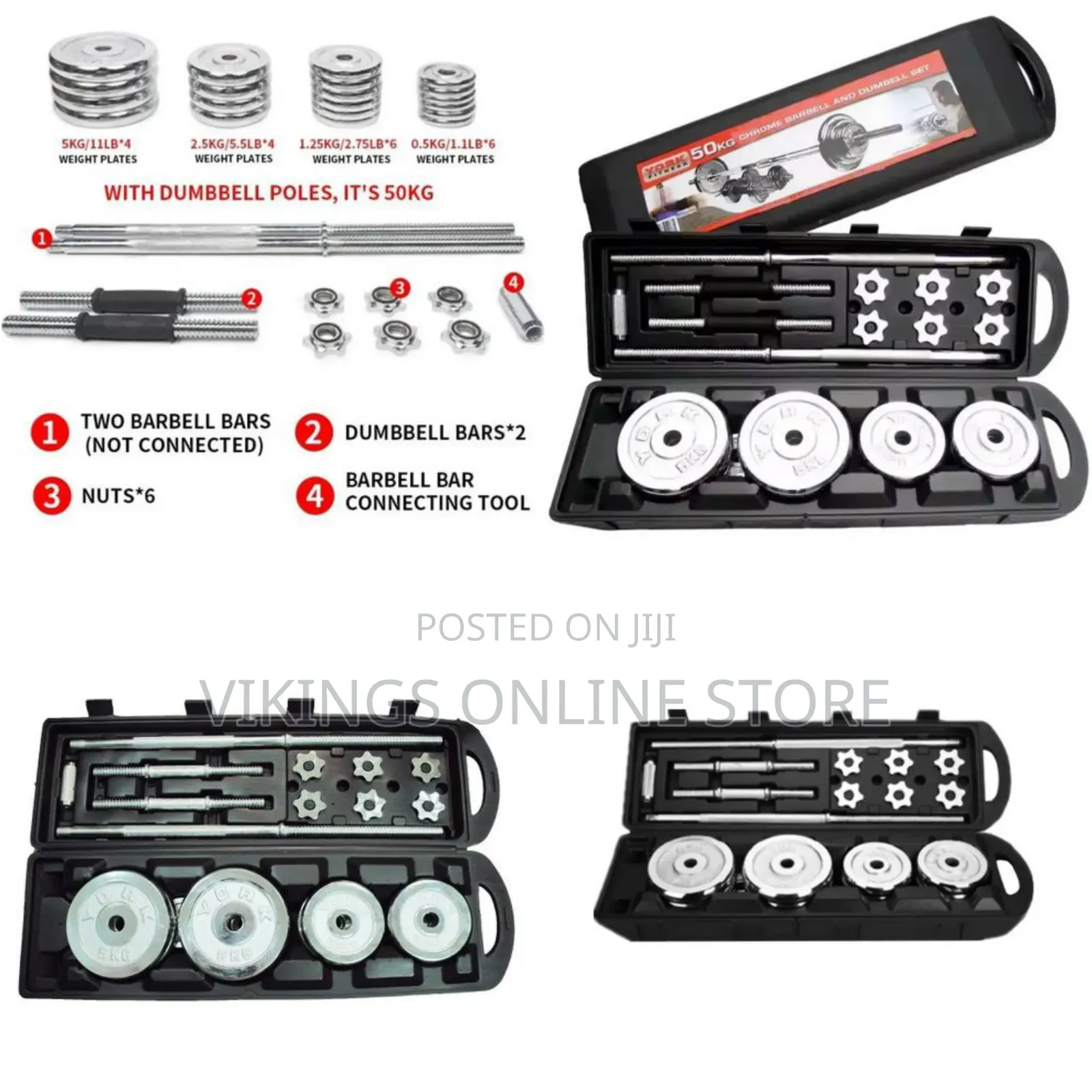 Home Gym 50kg Adjustable Chrome Dumbbell Barbell Set With Carry Case
