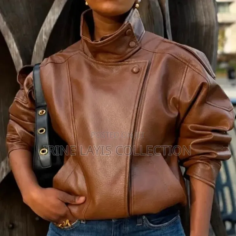 Lady's High Funnel Neck Leather Jacket.