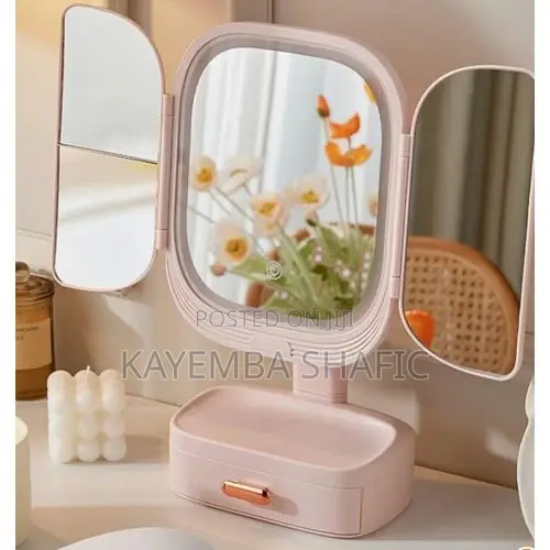 Rechargeable Led Trifold Makeup Mirror With Storage Drawer