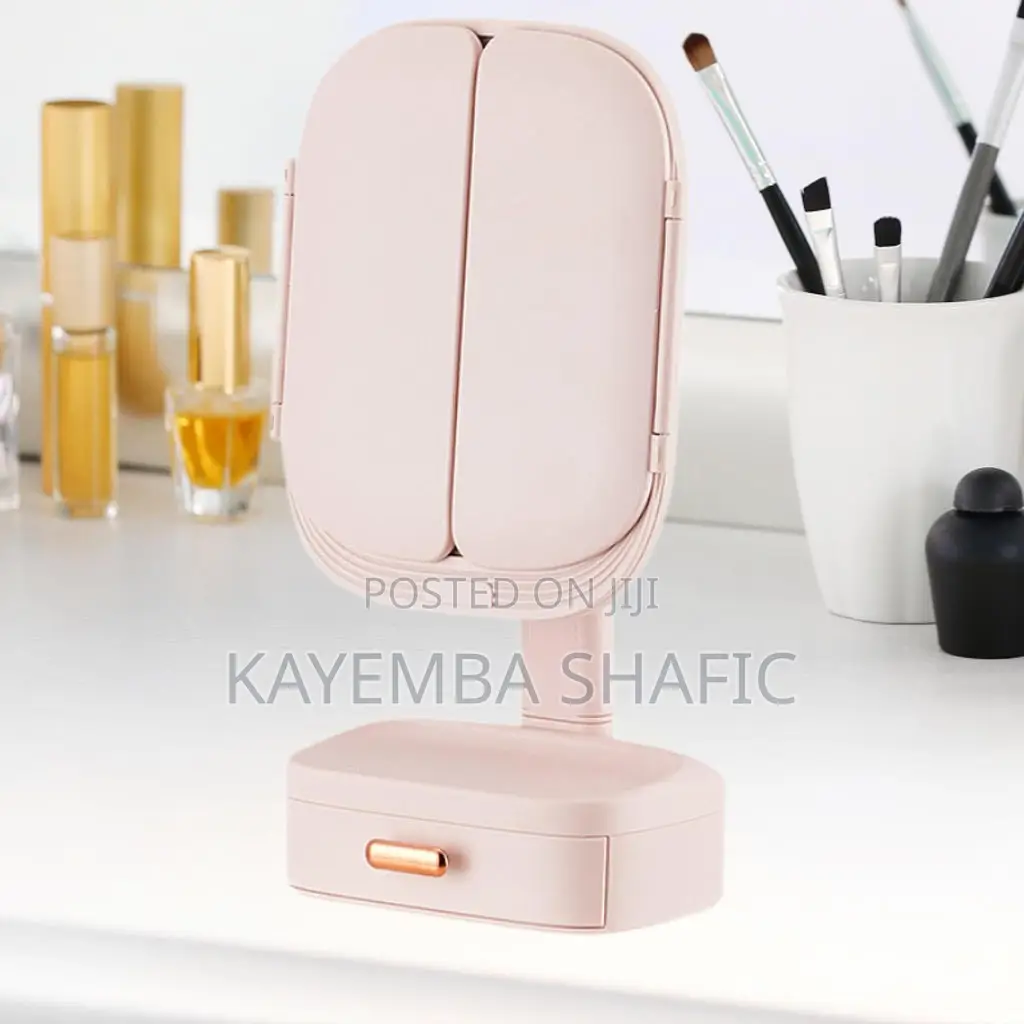 Rechargeable Led Trifold Makeup Mirror With Storage Drawer