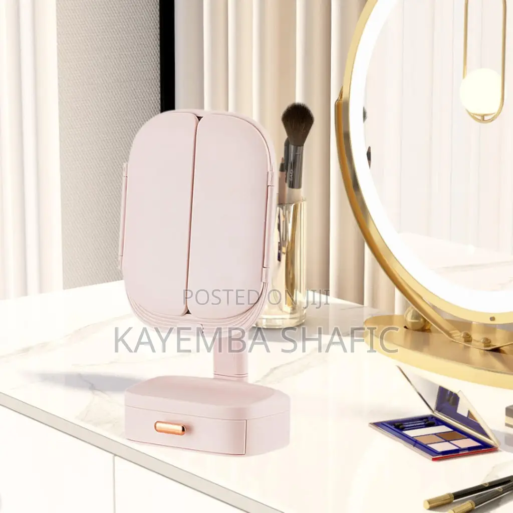 Rechargeable Led Trifold Makeup Mirror With Storage Drawer