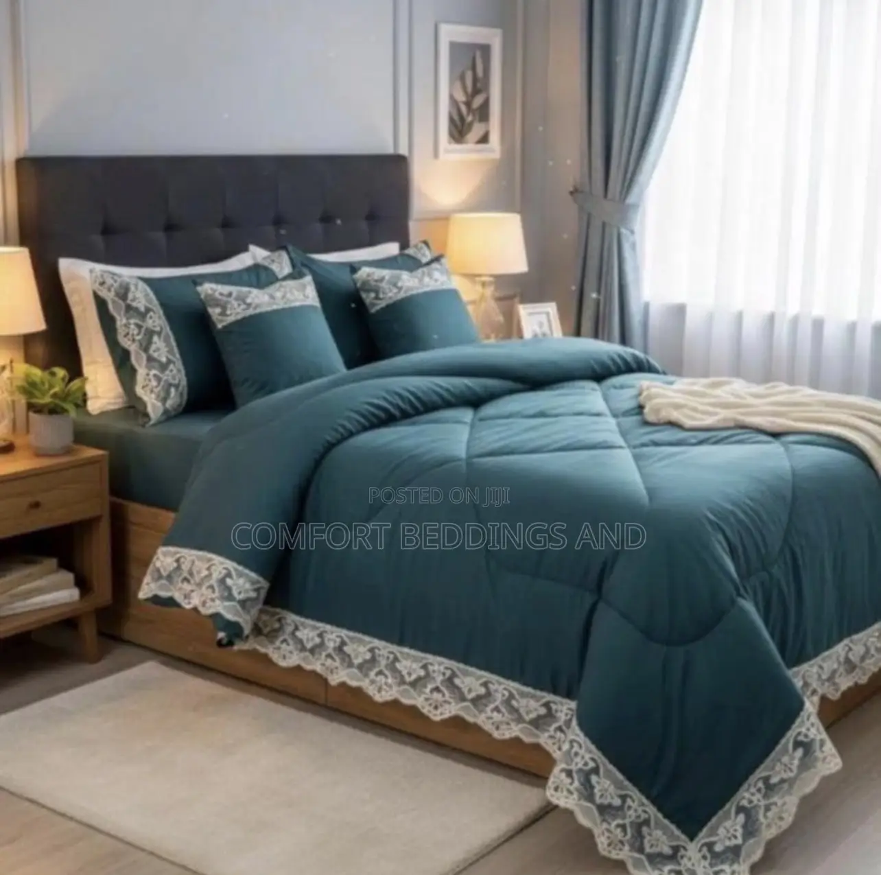 Six Pieces Bedcover With Lace Biding Green