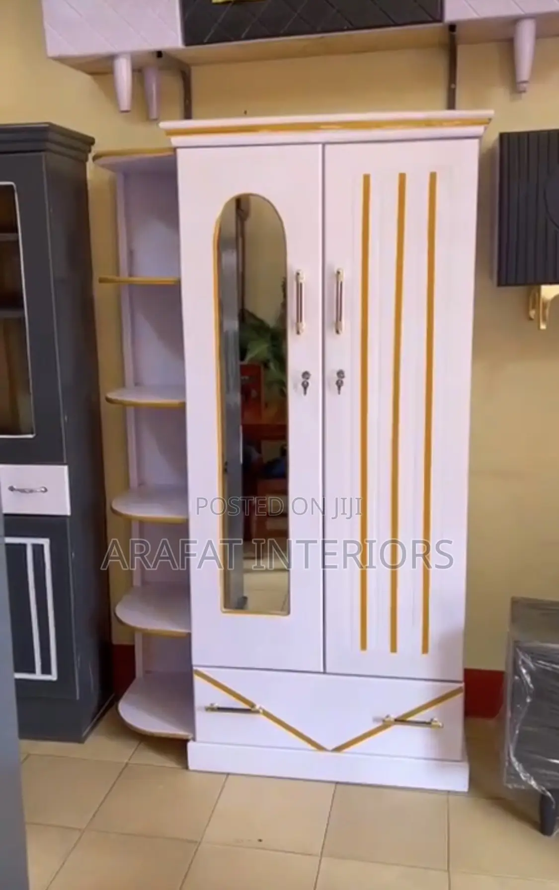 White Gold 2-Door Wardrobe With Mirror, Drawer Corner Shelf Unit