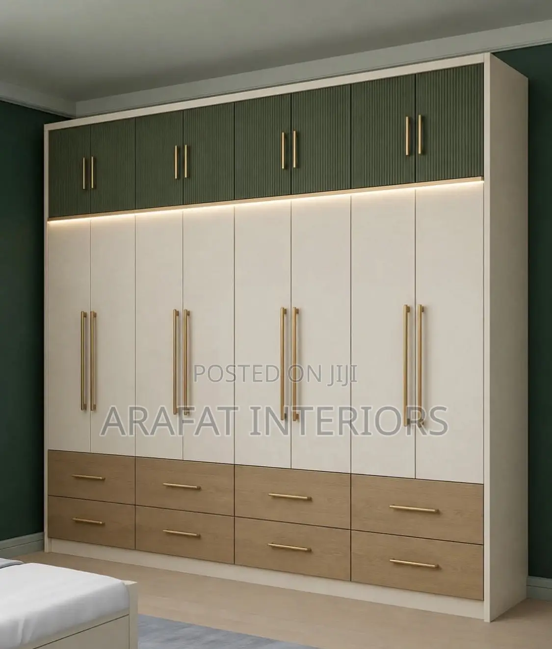 Modern Large 4-Door Wardrobe With Led Lights - Green, White