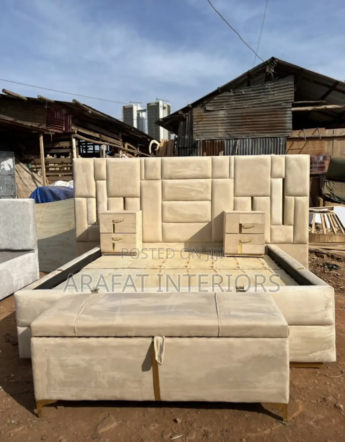 Luxury Beige Panel Bed With Nightstands Ottoman