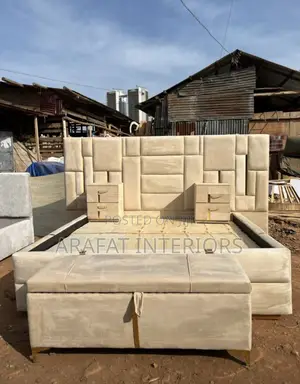 Luxury Beige Panel Bed With Nightstands Ottoman