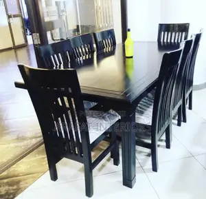 Modern Black Dining Table + 6 Chairs - Gray Upholstered Seats