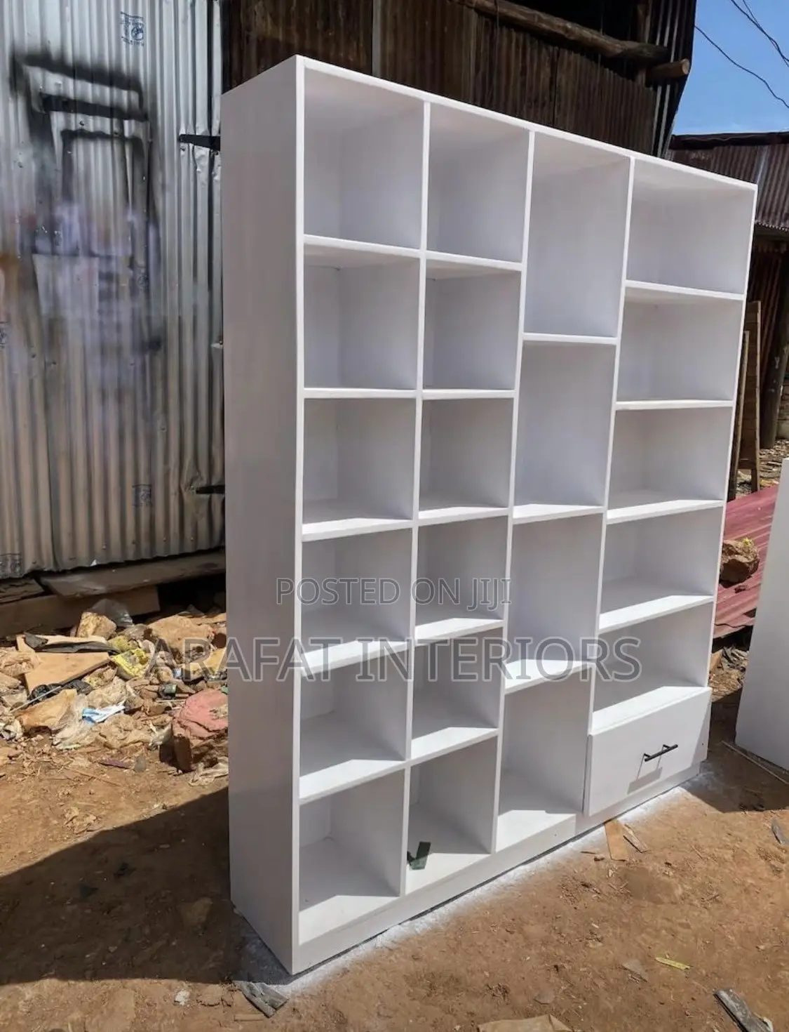 White Modern Grid Cubby Bookcase With Drawer
