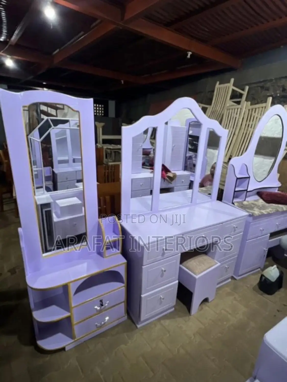 Lilac Purple Vanity Set With Tri-Fold Mirror and Stool
