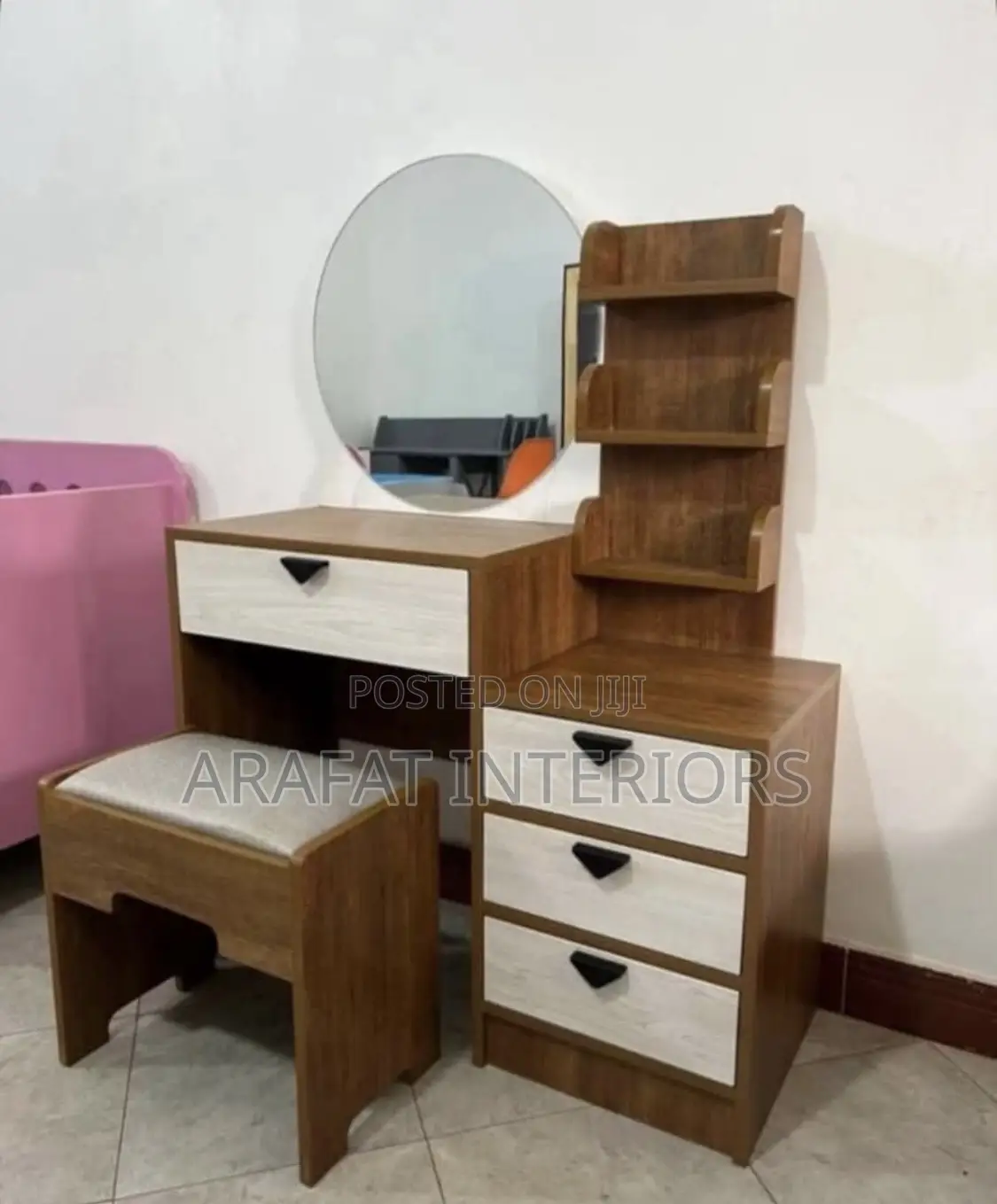 Modern Wood Vanity Desk With Round Mirror, Hutch Stool