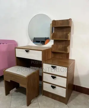Modern Wood Vanity Desk With Round Mirror, Hutch Stool