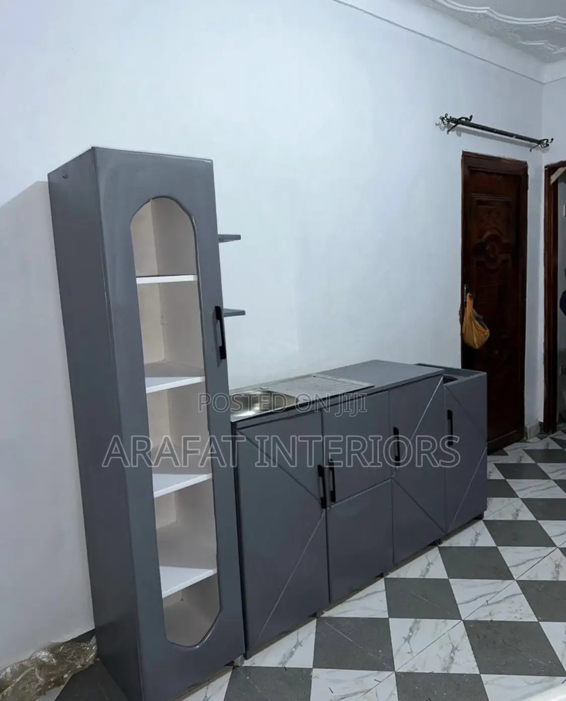 Grey Modern Kitchenette Cabinet With Sink Tall Display Pantry