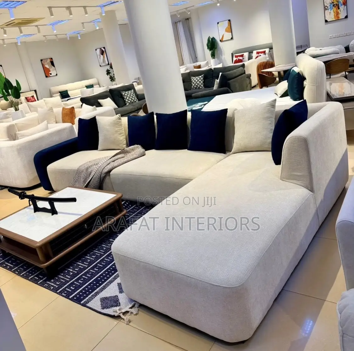 Modern L-Shaped Sectional Sofa - Cream With Navy Blue Accents