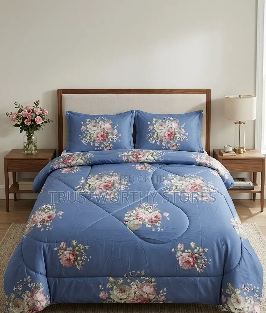 4x6 and 5x6 Blue Floral Duvet With 2 Pillowcases and 1 Bedsheet