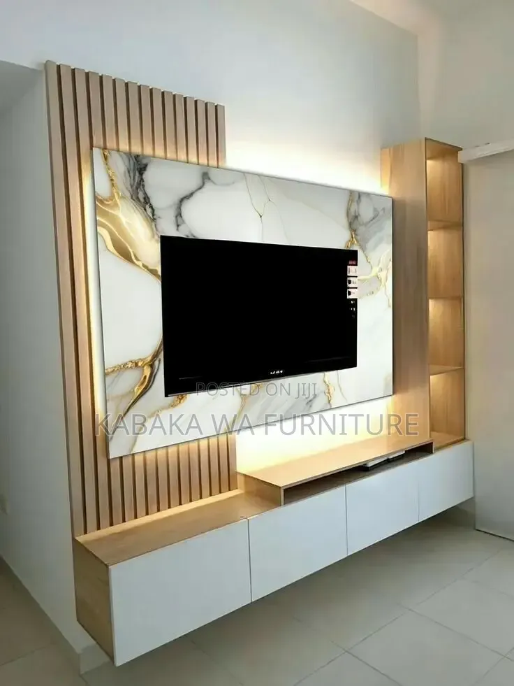 Marble Finish Led /Tv Wall Unit, a Stunning/ Combination of Elegance,/