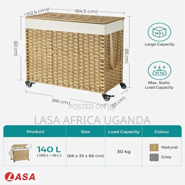 Lasa 140l Laundry Hamper 3 Compartment Lid Wheels