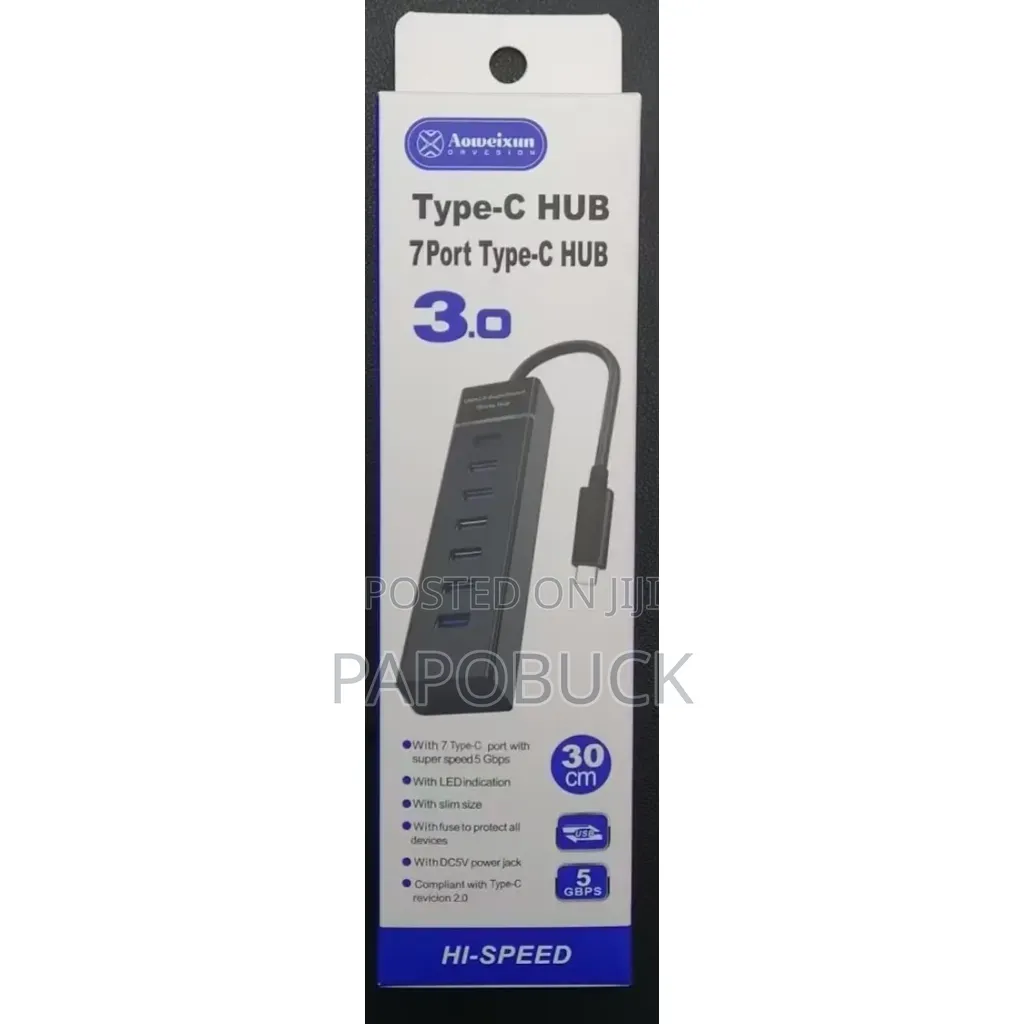 7-Port Usb 3.0 Hub Features a Slim Black Design With a 30cm Cable