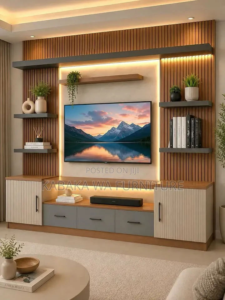 Modern /Wall-Mounted White/ Tv Unit Design With/ Wooden/ Shelves