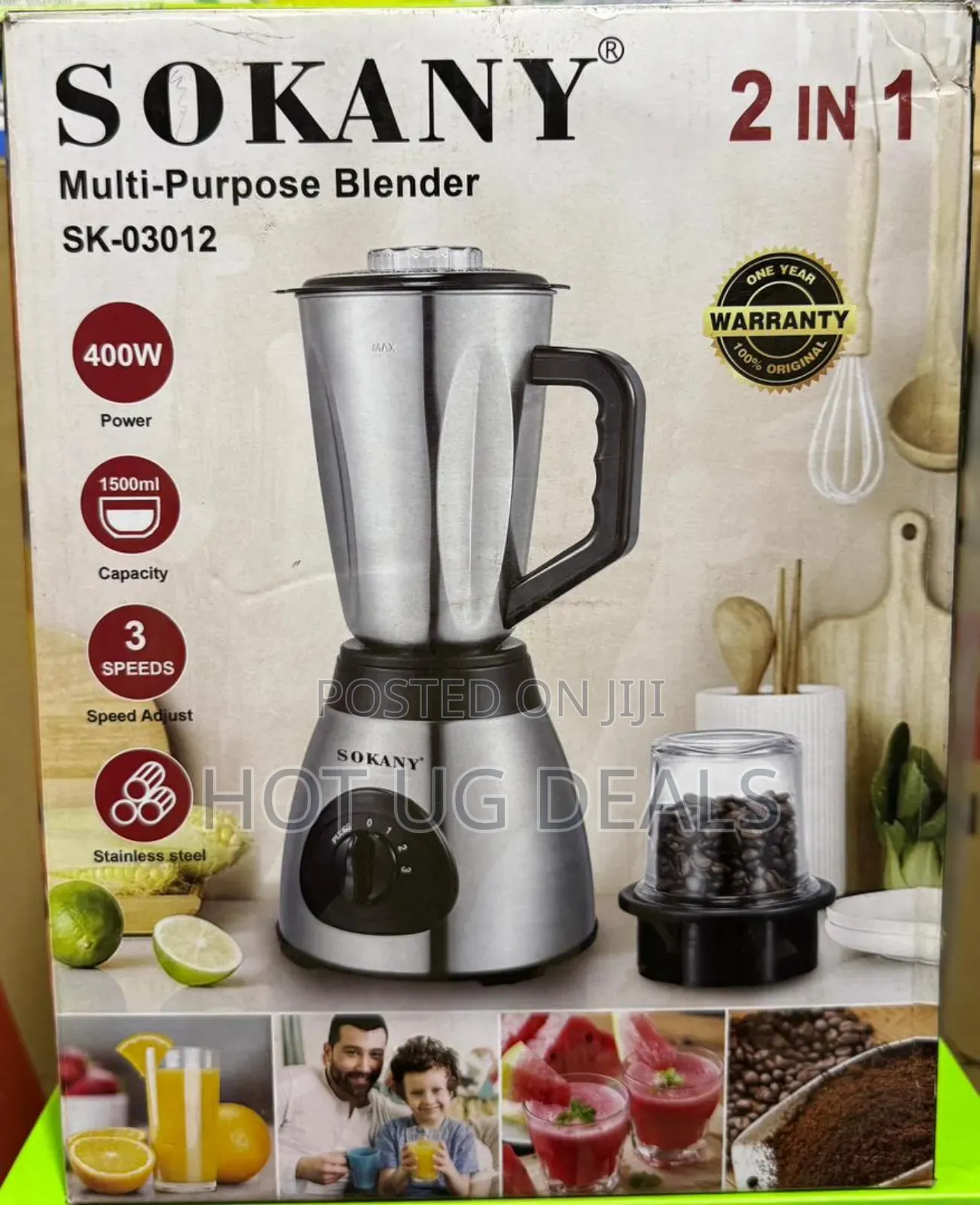 Sokany 2 in 1 Blender Grinder With 3 Speeds 400w 1.5litre Juicer