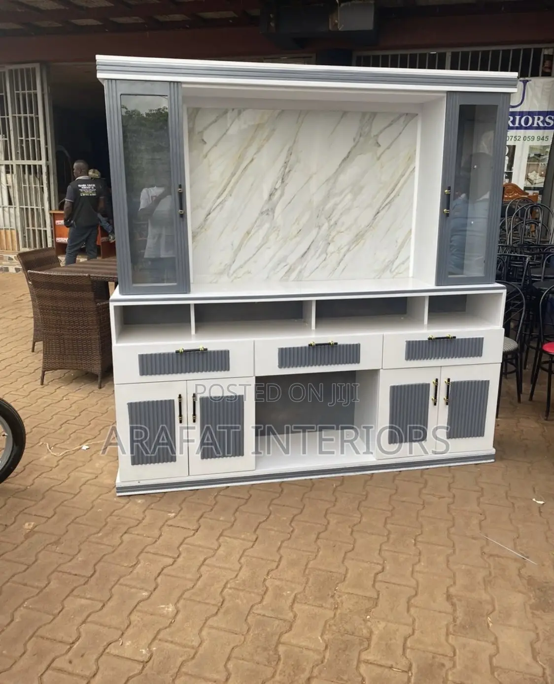 Large Modern White Gray Entertainment Center With Display Cabinets