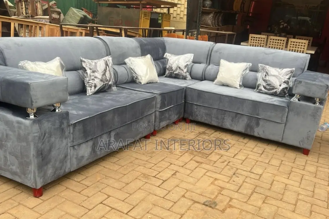 Large Gray Velvet Sectional Sofa - L-Shaped Modular Couch With Pillows