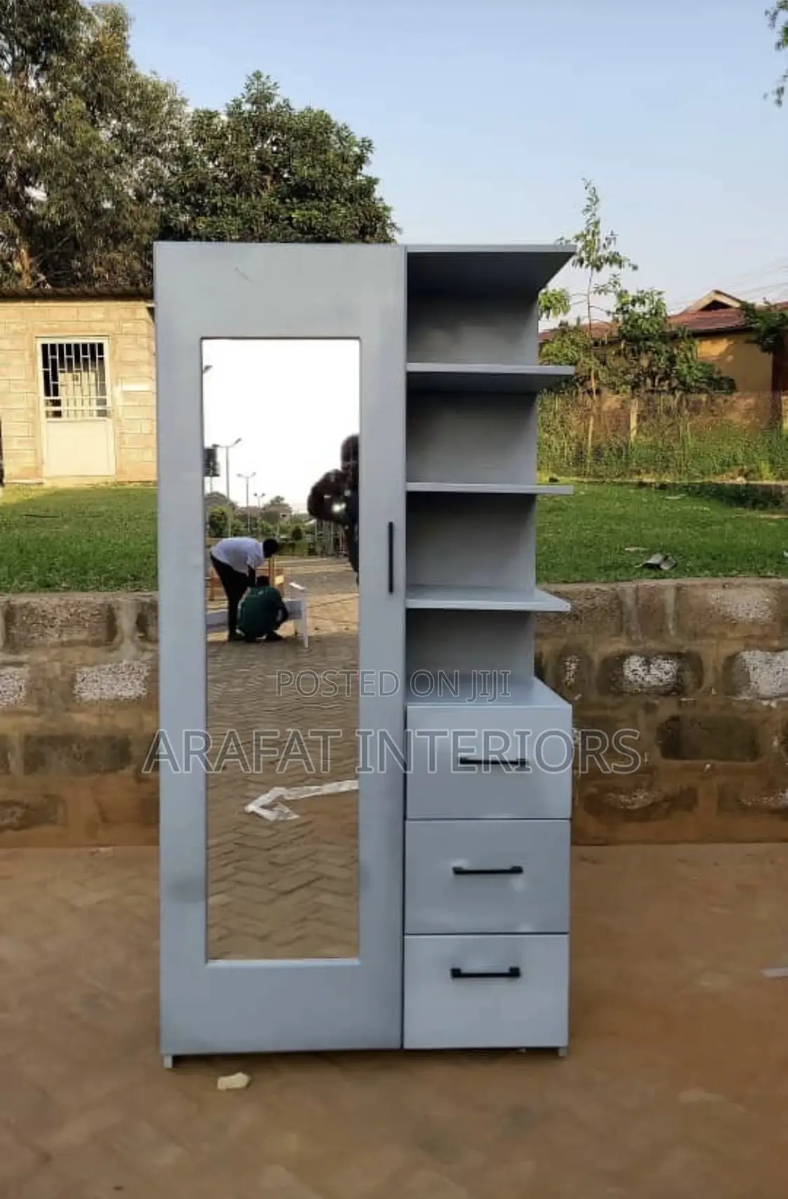 Gray Mirror Wardrobe With Shelves Drawers
